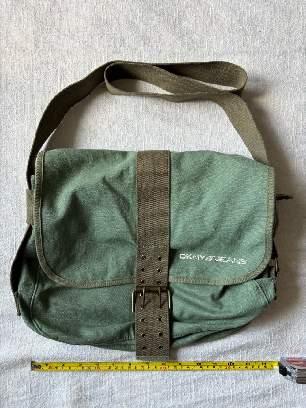 Dkny Green Canvas Messenger Bag with Olive Strap